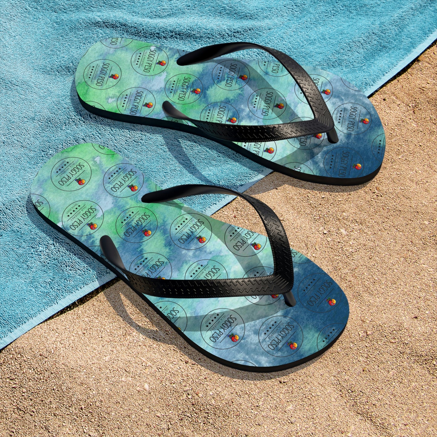 Blue Soggy Peso Logo Flip Flops