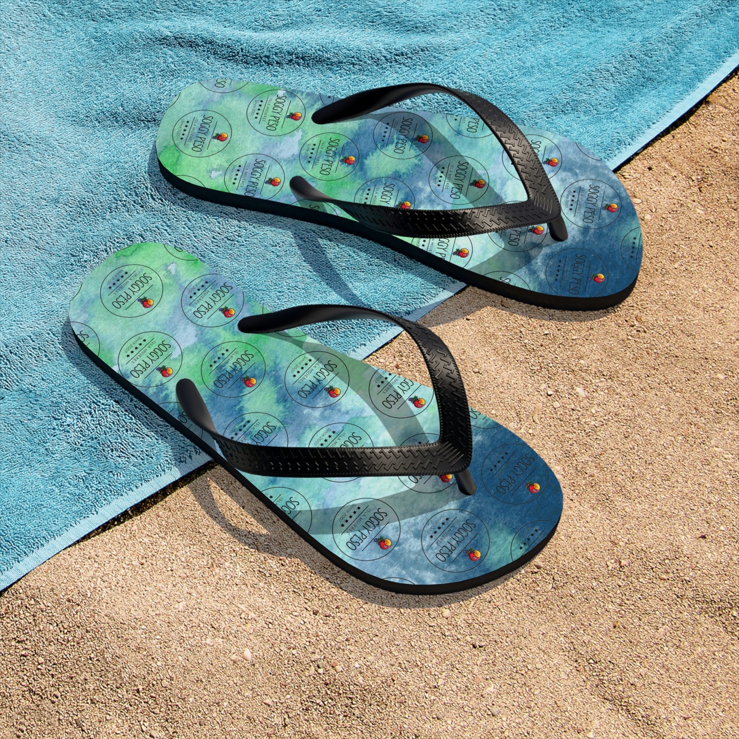 Blue Soggy Peso Logo Flip Flops